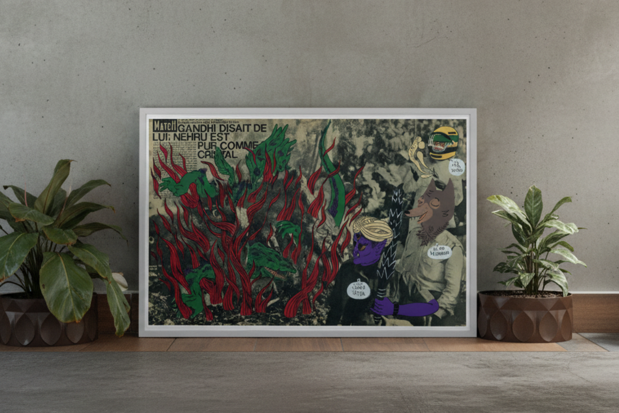Framed artwork with abstract design and text on a wall.